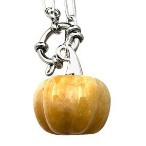 Topaz Gemstone Pumpkin Pendant Necklace Silver Tone 17 Inch
